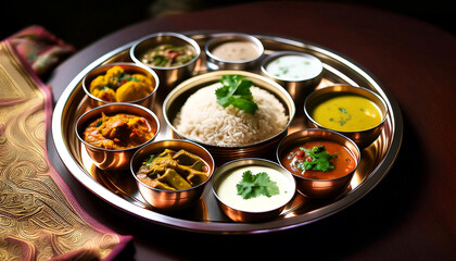Traditional Indian Thali with Assorted Dishes on a Metal Plate