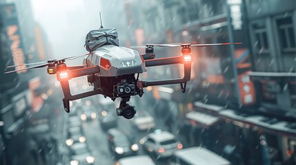 Obraz premium Rescue drone embody the application of emergency medical services in future smart cities, such as high-rise building disaster relief and cross-sea bridge collapse rescue. Generative AI.
