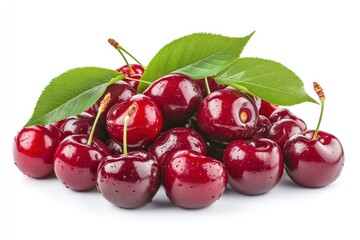 Cherry isolated. Fresh ripe cherries with leaves isolated on a white background.Sweet cherries pile. Berries and fruits. Vegan. Healthy eating with generative ai