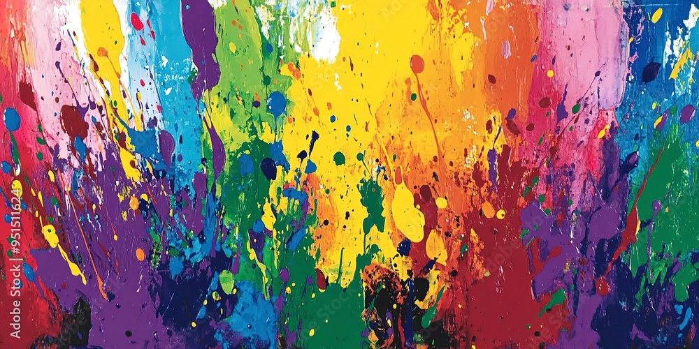 Poster a vibrant abstract painting of splattered paint in bold, contrasting colors, with a textured finish 