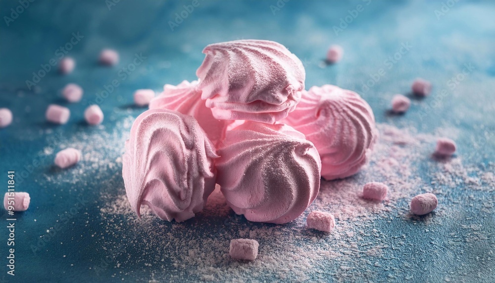 Wall mural pink airy marshmallows scattered on a blue background close-up
