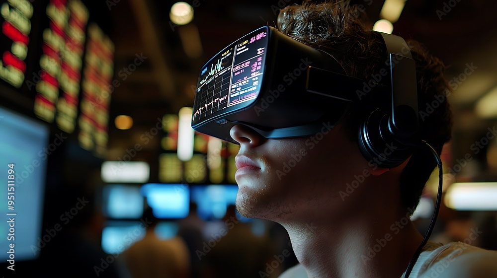 Poster a man wearing a vr headset stands before screens displaying data, engaging with a futuristic approac
