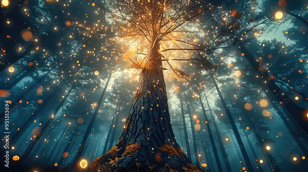 Poster A tall pine tree stands in the middle of an enchanted forest, with a teal and gold color palette and sparkling lights. Generative AI.
