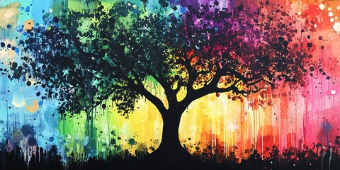 Fototapeta premium tree black paint background rainbow colorful drops a art light modern pattern graphic illustration technology painting drawing 