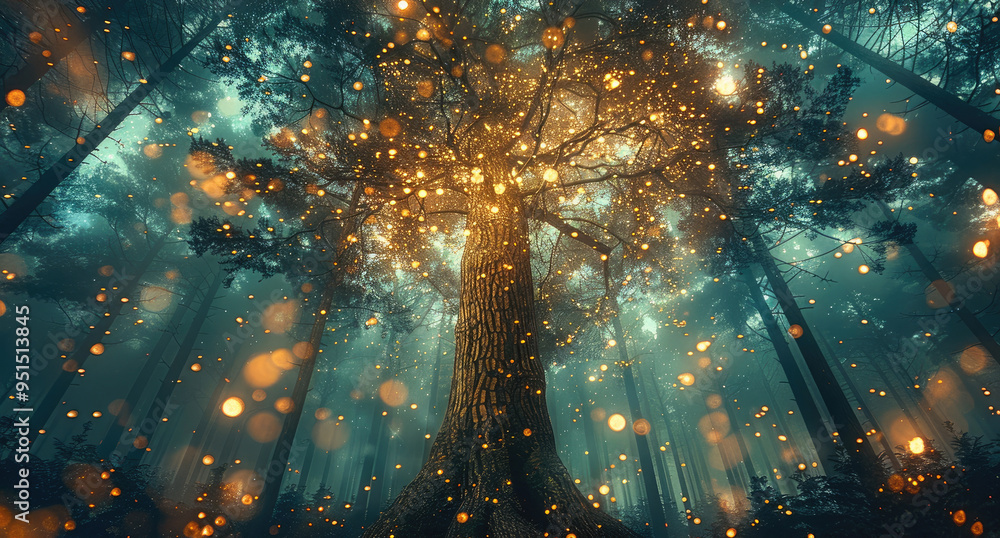 Aufkleber A tall pine tree stands in the middle of an enchanted forest, with a teal and gold color palette and sparkling lights. Generative AI.