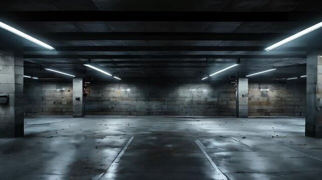 An empty underground parking lot illuminated by neon lights. Transport style.