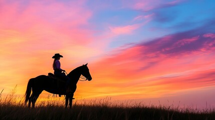 A striking silhouette of a cowgirl on horseback against a colorful sunset, capturing the spirit of the Wild West in a simple yet powerful image.