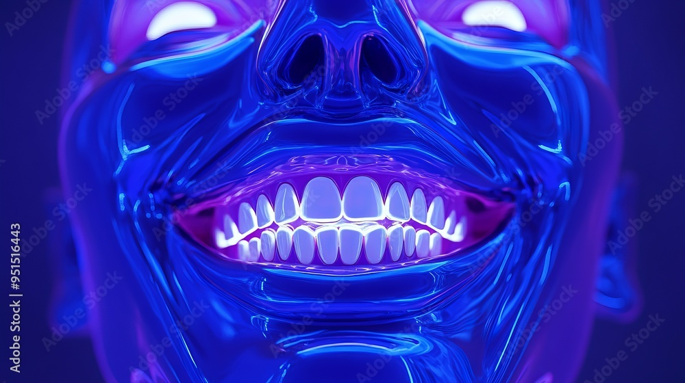 Wall mural Bright dental display with glowing teeth on a shiny mannequin head