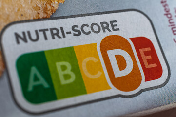 Close-up Nutri-Score D label on food packaging giving information on nutritional quality