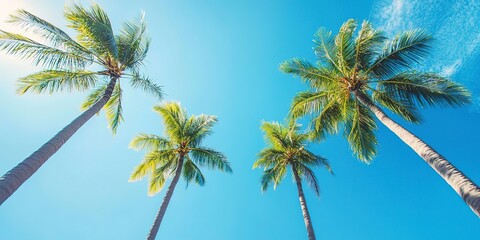 Fototapeta premium Low angle view of tropical coconut palm trees against a clear blue sky ideal for a copy space image 