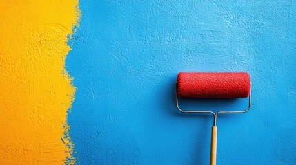 Obraz premium A vibrant paint roller painting a wall in blue, with nearby sections in yellow and red, illustrating a colorful room transformation.