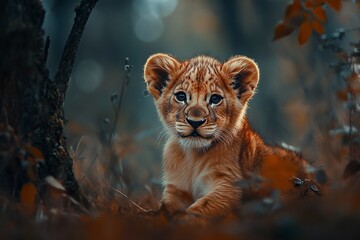 adorable lion cub with captivating golden fur, showcasing the pure essence of wildlife.