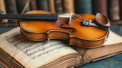 Vintage Violin's Melody: A beautifully crafted violin rests atop an antique music score, its polished wood glowing in the soft light, evoking a sense of history, art, and the enduring power of music. 