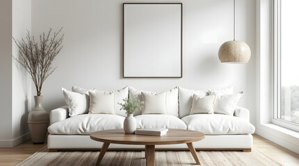 White living room interior with a white sofa, a coffee table and a vertical empty poster. Mock up scene for posters. Generative AI