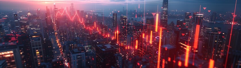Obraz premium Abstract art of a city skyline with falling stock symbols and red arrows, reflecting price drops and business turmoil.