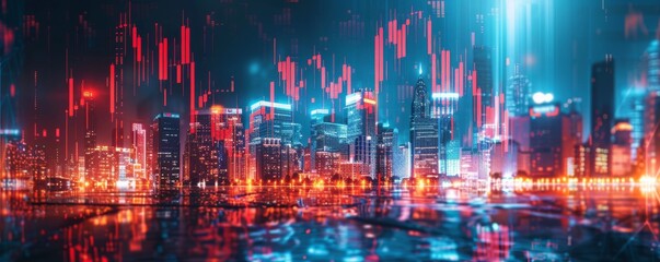 Obraz premium Abstract art of a city skyline featuring crashing stock market icons, reflecting price drops and economic turmoil.