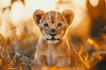 adorable lion cub with captivating golden fur, showcasing the pure essence of wildlife.