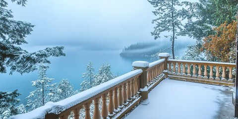 A beautiful, snow-covered balcony overlooks the foggy ocean, with a view of pines and oaks in British Columbia, Canada