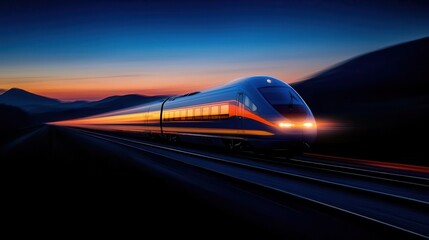 Obraz premium A sleek high-speed train glides through a scenic landscape at sunset, showcasing modern transportation technology and speed.