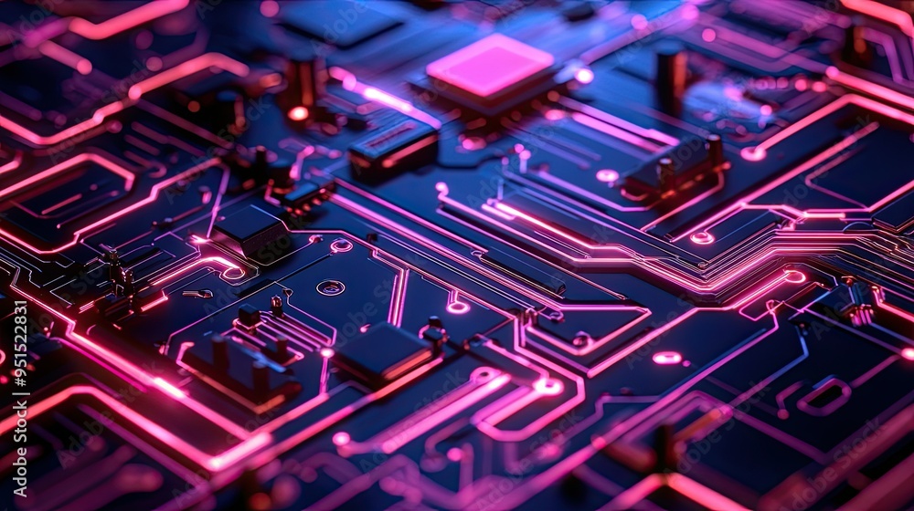 Poster abstract image of a high-tech circuit board, with neon pathways and digital connections, representin