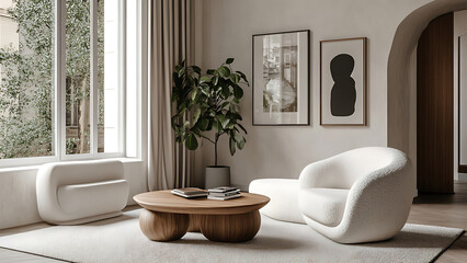 Interior design of modern living room with accent white armchair and frame on wall,White sofa and accent coffee table against arch wall,japandi interior design of modern living room, Minimalist, Ai