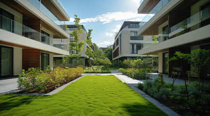 Multi-store house of the premium segment, side view, green courtyard in the foreground. Generative AI.