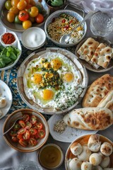 A traditional Emirati breakfast spread featuring khameer bread and cheese.