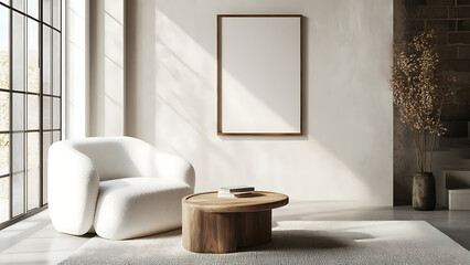 Fototapeta premium Interior design of modern living room with accent white armchair and frame on wall,White sofa and accent coffee table against arch wall,japandi interior design of modern living room, Minimalist, Ai