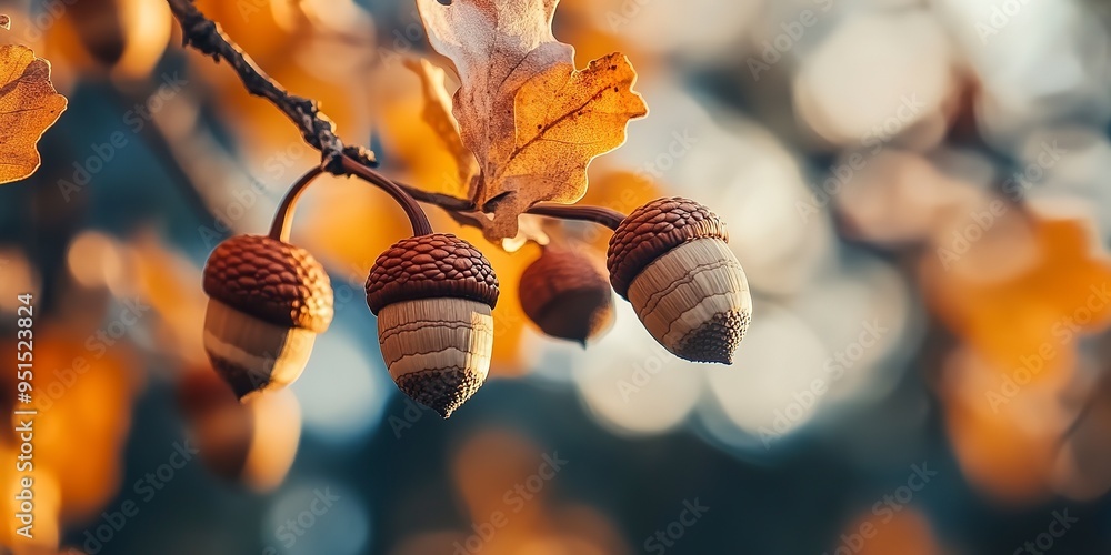 Poster The close-up of acorns hanging on an oak tree branch of nature, autumn, wildlife, brown, close-up, texture, and season. 