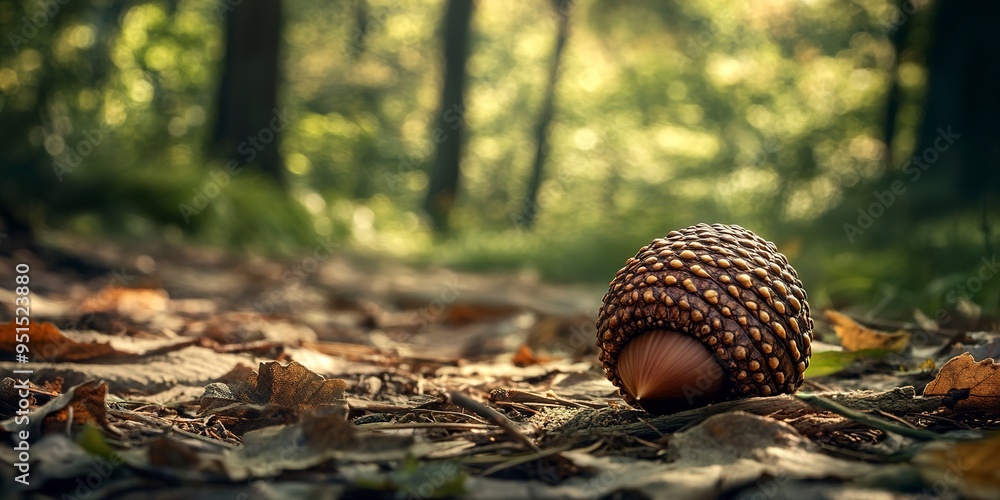 Poster a solitary acorn lies on the rustic forest floor, its delicate cap and intricate patterns evoking th