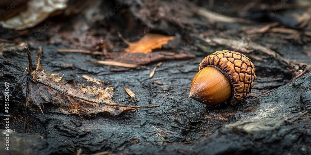 Poster a solitary acorn lies on the rustic forest floor, its delicate cap and intricate patterns evoking th