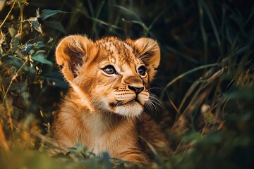 adorable lion cub with captivating golden fur, showcasing the pure essence of wildlife.