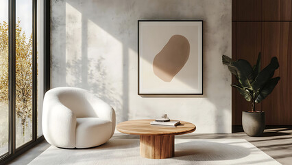 Interior design of modern living room with accent white armchair and frame on wall,White sofa and accent coffee table against arch wall,japandi interior design of modern living room, Minimalist, Ai