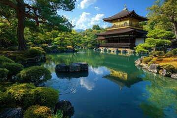 Golden Pavilion Reflecting in a Serene Pond Surrounded by Lush Greenery