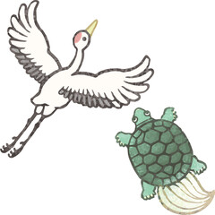 鶴亀　和風　版画　墨絵　水彩　切り絵　手描き　イラスト素材