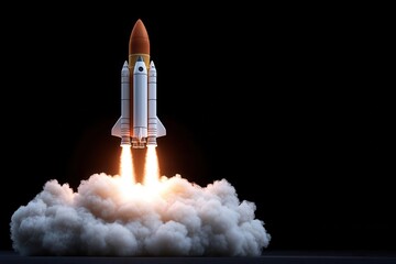 A spectacular launch of a space rocket, showcasing fiery propulsion and dynamic movement against a dark backdrop.