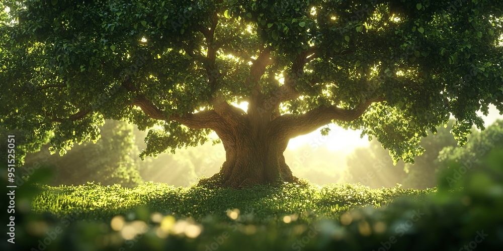 Poster a majestic oak tree standing tall in the middle of a lush green field, with branches forming an intr