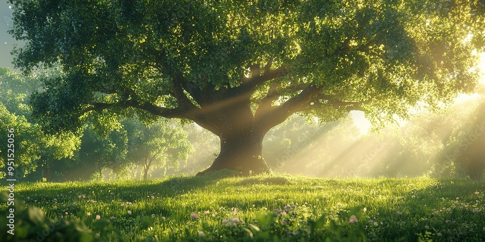 Poster a majestic oak tree standing tall in the middle of a lush green field, with branches forming an intr
