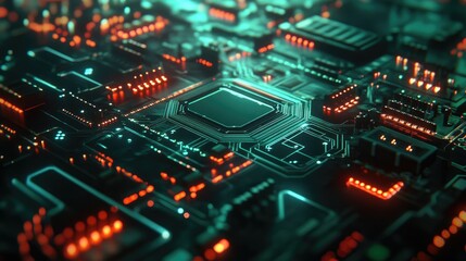 Fototapeta premium An abstract circuit board design with intricate lines and glowing elements, highlighting the complexity of modern technology.