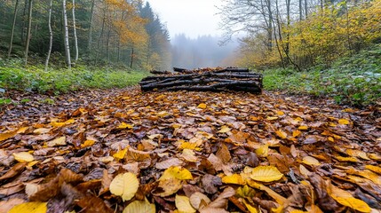 Autumn forest path shrouded in fog, golden leaves carpeting the ground, mysterious and serene woodland scene