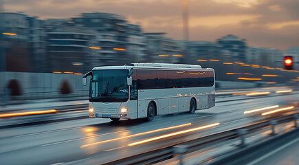 A white bus is driving on the highway, luxurious. Generative AI.