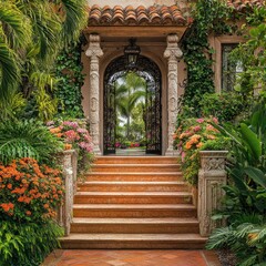 Fototapeta premium An ornate garden entrance in Coral Gables, Miami, surrounded by lush foliage and colorful blooms