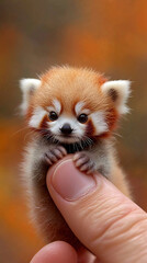 Obraz premium A minuscule baby red panda, smaller than a grain of sand, perches delicately on a fingertip. Covered in soft reddish-brown fur, with tiny eyes full of curiosity and a sweet, rounded face, it radiates 