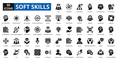 soft skills icon set collection. Active Listening, teamwork, Mindset, Time Management, Emotional Intelligence, Vision, Adaptability, Communication, innovation, Conflict Resolution
