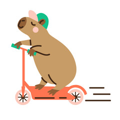 Cute capybara riding scooter. Hand drawn vector illustration. Funny animal isolated on white. Naive childish design. Cool comic character, kids poster, card, social media banner.