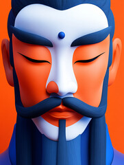 An elegant ancient Chinese man with a Peking Opera mask, adorned with intricate designs inspired by Dunhuang murals, set against a vibrant background of geometric shapes and symmetrical compositions, 