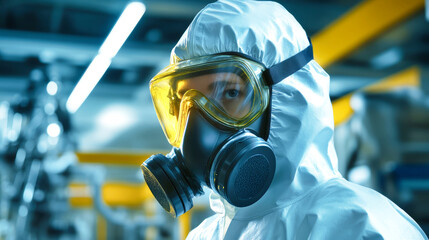 Equipped with a protective hazmat suit and gas mask, a lab worker safely engages with advanced equipment in a state-of-the-art research environment