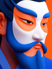 An elegant ancient Chinese man with a Peking Opera mask, adorned with intricate designs inspired by Dunhuang murals, set against a vibrant background of geometric shapes and symmetrical compositions, 