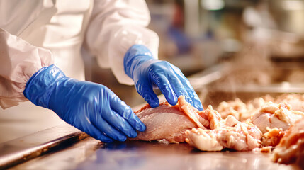 A diligent worker in blue gloves expertly cuts and prepares chicken carcasses, showcasing precision in the essential meat production process within the factory