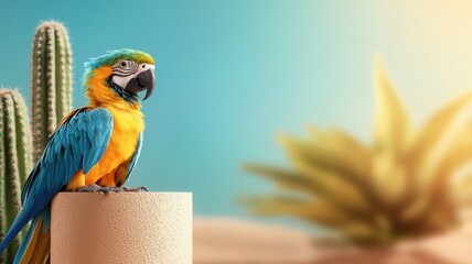A Macaw resting on a desert podium next to a tall cactus under a bright sun.